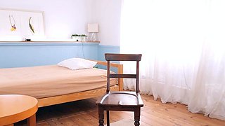 Small titted brunette teen fingering on the bed