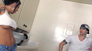 Inked Big Boobs tanned Bombshell Mason Moore seduce her Big Dick Co-Worker to Fuck at Break in kitchen