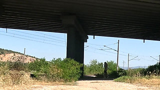 Slave Tih Shows Her Pussy and Tits Under the Bridge