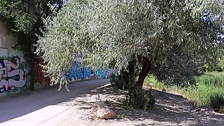 voyeur spy young big boobs and end up fucking in the forest