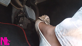 Pedal Pumping and Driving in Highway in Soft Worn Out Flats and Nylon Socks