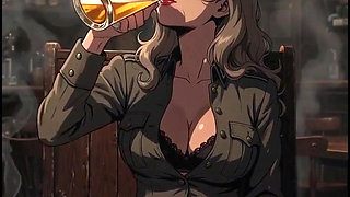 Hot anime wife in a pub