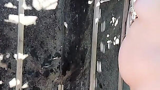 Chubby Big Tits Girl Outdoor Shower with Huge Cock Boyfriend Closeup Amateur