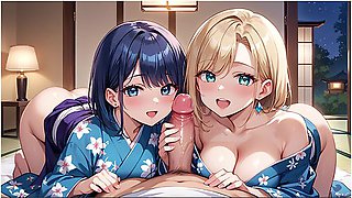 While Relaxing At A Ryokan, The Waitresses Suddenly Started Sucking My Dick With Car Toon And Kawaii Girl