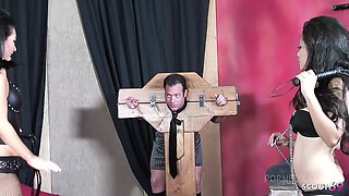 Two Sexy Half Asian MILF Girls at Femdom no condom FFM Threesome fuck in Dungeon with one Boy