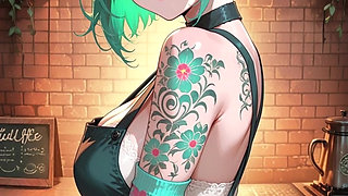 Turquoise-haired, huge tits anime waitress gets fucked by a client - AI-generated content