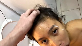 Wild throat-fucking and sloppy blowjob from August River in a bathroom