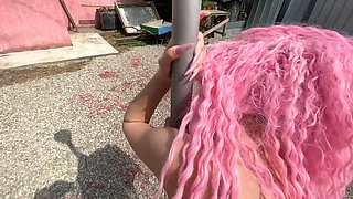 Outdoor sex with a friend while her parents are away - she takes it hard!