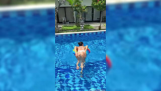 Outdoor Yoga Tree Pose & Tease in See-through Bodysuit in the Pool