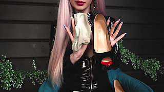 Latex Goddess and Dirty Socks for Her Feet Slave