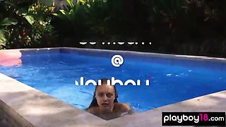 Blonde Bombshell Clarice, with her petite figure and small breasts, enjoys a solo pool session