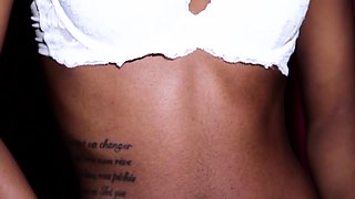 Petite ebony babe strips nude in bathtub