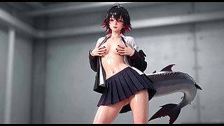 Ellen JOE Shark Girl Tease - Spread Legs, Black Thong & College Skirt Strip