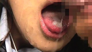 Wild Asian babes get their cute faces covered in hot sperm