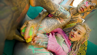 Tattooed model Nahluu doing her first porn