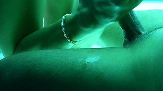 4K Tanning Studio Footjob From Hot Blonde MILF with Long Neon Green Toenails & Cum on Toes