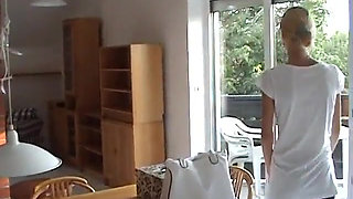 Skinny blonde girl fucking around the house