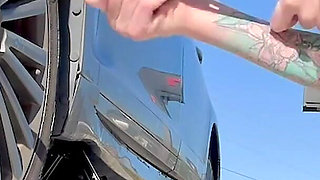 67 Tall Amazon Goddess Changes Her Tire - Big Feet in Frame