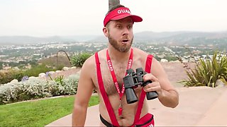 Dude From the Beach Bi-watch Control Surrenders His Dick & Ass To a Buxom Blonde & Her Bisexual BF