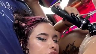 Very dirty double squirt in slut's dirty mouth