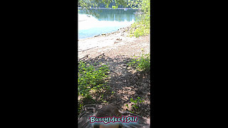 First Time Risky Outdoor: Masked Bunny Blows Me & Takes It Doggy by the River