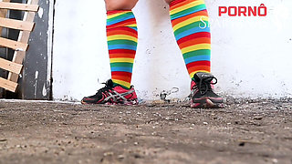 Big Ass Brunette Enjoys Carnival Jumping on the Neighbor's Stick