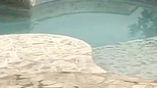 Skinny brunette with small tits loves to fuck by the pool