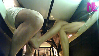 Sensual Barefoot Footsie in Restaurant