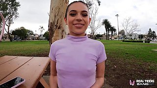 Public pussy upskirt and first porn scene of skinny teen Aria Valencia