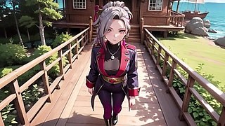 Silver-haired Pirate Queen! Sun-drenched Ship Cabin, Navy Uniform Slightly Damp, Kneeling with a Teasing Gaze.