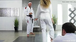Big boob blondie chooses karate rod over cucked husband's