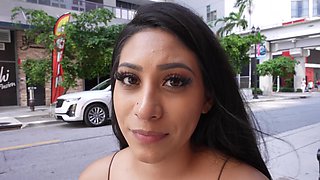 Latina babe Kimberly Lovee slurps cock in POV closeup