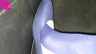 Dangling and Shoeplaying in Blue Pantyhose and Blue Flats on a Gas Station