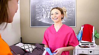 Cute blonde nurse massages her stepbrothers big cock