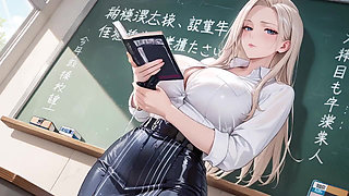 Blonde Teacher! the Fatal Seduction Under an Open White Shirt, Lazily Leaning on the Classroom Desk
