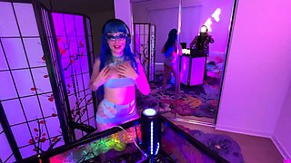 College Rave Girl Dances On The DJs Dick At The After Party