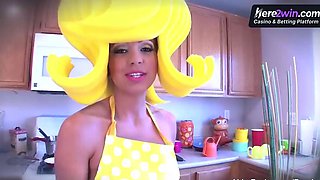 A damsel adult in a yellow garb with fetish