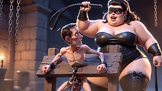 Fat Dominatrix Whips Slaves Caged Penis - Extreme Humiliation
