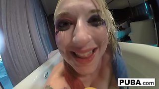 Leya Falcon applies the shower head on her ass.