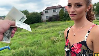 A couple is getting fucked outdoors for money by a horny asian milf