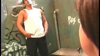 Muscular guy watches girlfriend urinate then gets blowjob while smoking cig