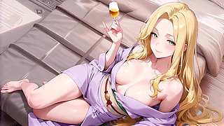 Blonde Boss in a Wet Purple Robe! Languidly Switching Between the Japanese Garden and Her Private Bedroom