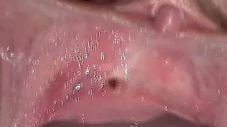 Far Spread Pussy Even Further Open and with Dildo Working Close up, Looking Inside and Squirt