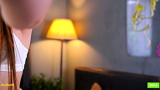 Small titted brunette Sharron with glasses masturbates