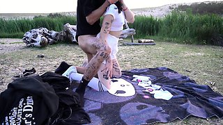 Young couple fucks on the beach until it gets dark.