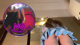 Super Sexy Skinny Petite Blonde College Girl Flashes Her Meaty Wet Pussy Under Her Short Skirt