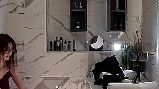 See Through Skirt and Red Thong She Takes off Turns Into a Seduction Point in the Bathroom with Long Legs Secretary