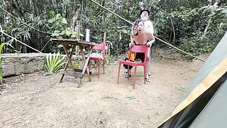 Horny female gives a fellatio and rails a stranger at the campsite.