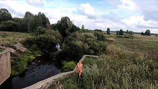 Blonde Babe Strips on the Bridge