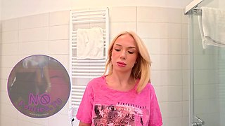 Super hot amazingly beautiful all natural big tits big ass blonde touches her pussy and panties under her skirt in the bathroom